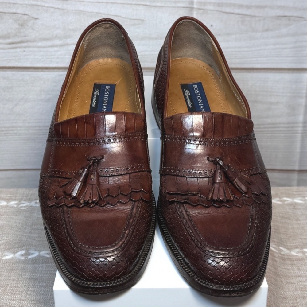 Bostonian Loafers Mens 11 Brown Woven Leather Kiltie Tassel Made in Italy 27792